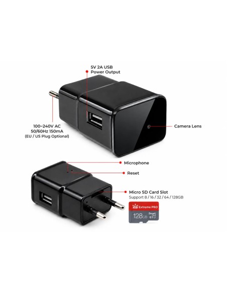 OEM QZTS6 Caméra espion cachée dans un chargeur de téléphone portable smartphone USB. Avec Wi‑Fi. Full HD 1080p