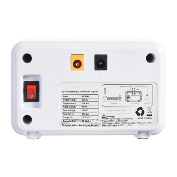 Comprar BLANCA UPS-MU48W Mini UPS - Entrada DC 12V / 3.5A - Salida DC 12V / 3A - Batería Li-Ion 30Wh recargable - Indicador LED 