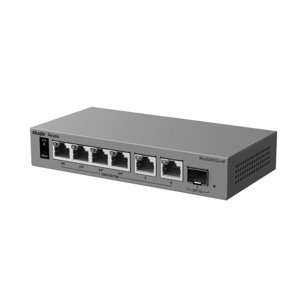 Comprar REYEE RG-ES207GS-HP Ruijie Reyee Cloud Managed L2 PoE Switch - 6 puertos Gigabit y 1 ranura SFP de subida - Puertos 1 y 