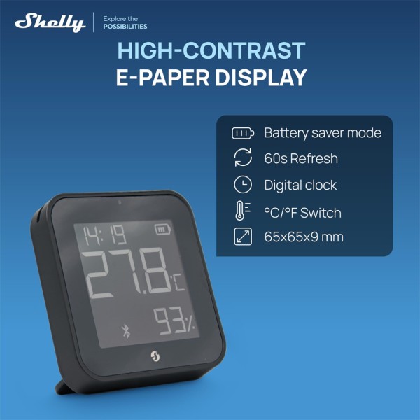 Comprar SHELLY SH-BLU-HT-DISPLAY-ZB-B Shelly BLU H&amp;T Display ZB Negro - Sensor de humedad y temperatura  - Pantalla de tinta