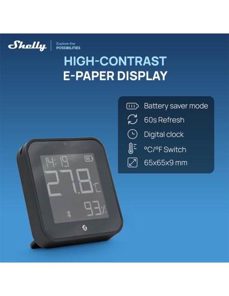 Comprar SHELLY SH-BLU-HT-DISPLAY-ZB-B Shelly BLU H&amp;T Display ZB Negro - Sensor de humedad y temperatura  - Pantalla de tinta