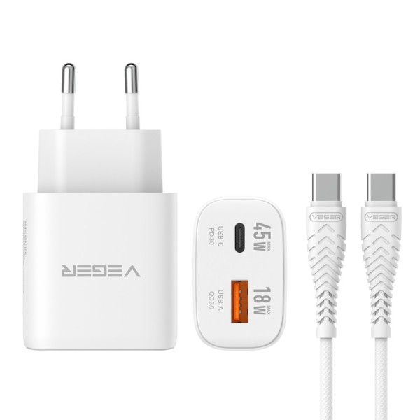 Comprar VEGER VG-TR101-KIT-45W1A1C VEGER - Cargador de pared con cable incluido - Potencia 45W |  Con tecnología GaN - Carga ráp