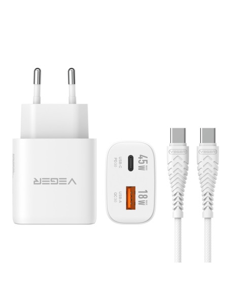 Comprar VEGER VG-TR101-KIT-45W1A1C VEGER - Cargador de pared con cable incluido - Potencia 45W |  Con tecnología GaN - Carga ráp
