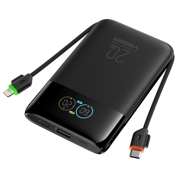 Comprar VEGER VG-W1211A-B VEGER Power Bank con pantalla LCD Negro - Capacidad 10000mAh / PD 20W - Entradas USB-C y cable integra
