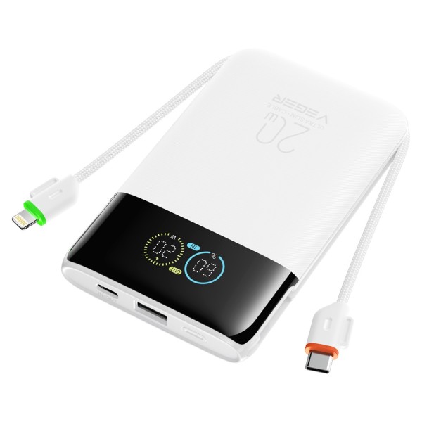 Comprar VEGER VG-W1211A-W VEGER Power Bank con pantalla LCD Blanco - Capacidad 10000mAh / PD 20W - Entradas USB-C y cable integr