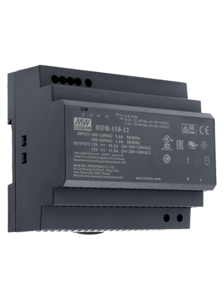 AKUVOX AK-HDR-150-12 Fuente de alimentación - Salida 12 V / 10 A / 150 W - 2 salidas - 178 (An) x 97 (Al) x 38 (Fo) mm - Montaje