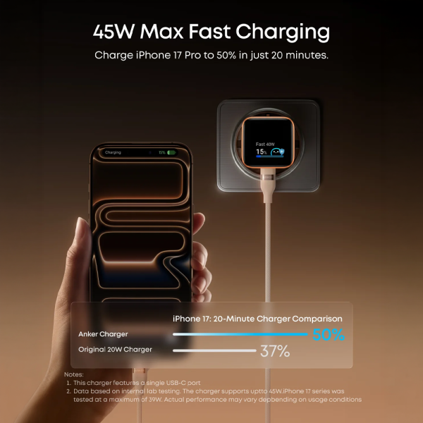 ANKER ANK-121-45W1C-W Anker - Mini Cargador USB - Potencia 45W - Carga rápida GaN | Display inteligente - Salidas 1x USB-C - Col
