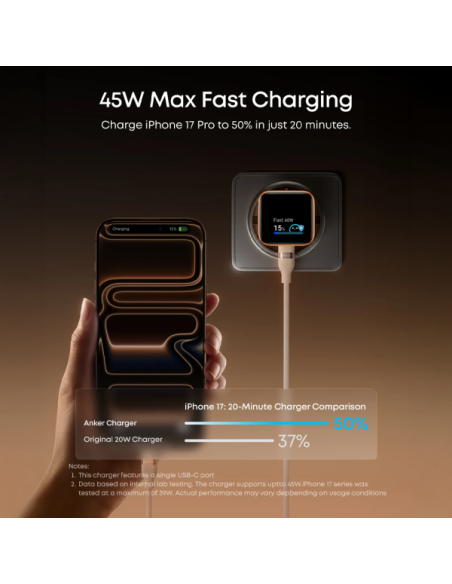 ANKER ANK-121-45W1C-W Anker - Mini Cargador USB - Potencia 45W - Carga rápida GaN | Display inteligente - Salidas 1x USB-C - Col