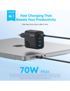 ANKER ANK-121-70W1A3C-B Anker - Cargador USB - Potencia 70W - Carga rápida GaN | Display inteligente - Salidas 3x USB-C, 1x USB- 2