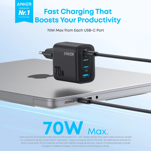 ANKER ANK-121-70W1A3C-B Anker - Cargador USB - Potencia 70W - Carga rápida GaN | Display inteligente - Salidas 3x USB-C, 1x USB-