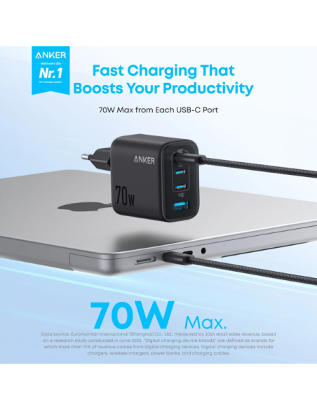 ANKER ANK-121-70W1A3C-B Anker - Cargador USB - Potencia 70W - Carga rápida GaN | Display inteligente - Salidas 3x USB-C, 1x USB-
