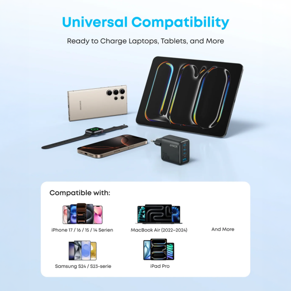 ANKER ANK-121-70W1A3C-B Anker - Cargador USB - Potencia 70W - Carga rápida GaN | Display inteligente - Salidas 3x USB-C, 1x USB-