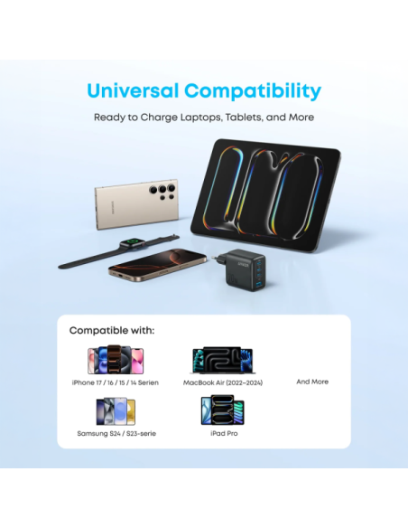 ANKER ANK-121-70W1A3C-B Anker - Cargador USB - Potencia 70W - Carga rápida GaN | Display inteligente - Salidas 3x USB-C, 1x USB-