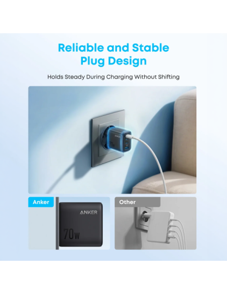 ANKER ANK-121-70W1A3C-B Anker - Cargador USB - Potencia 70W - Carga rápida GaN | Display inteligente - Salidas 3x USB-C, 1x USB-