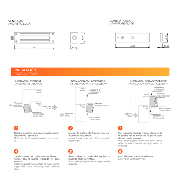 DORCAS DR-M1200WRS Ventosa electromagnética Dorcas - Para puerta sencilla - Fuerza de retención 500 kg - Modo de apertura Fail S