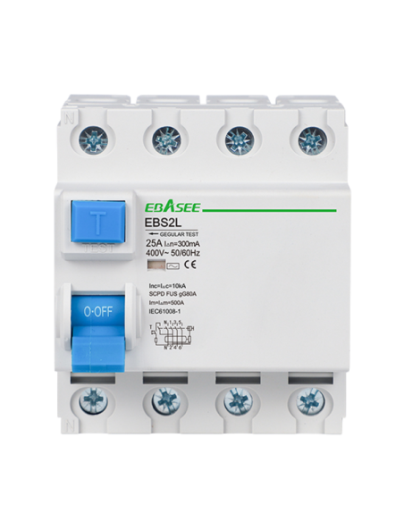 OEM EBS2L-25A-3P+N-300mA-A Interruptor diferencial - Corriente nominal 25A - 4 polos (instalaciones trifásicas) - Sensibilidad 3