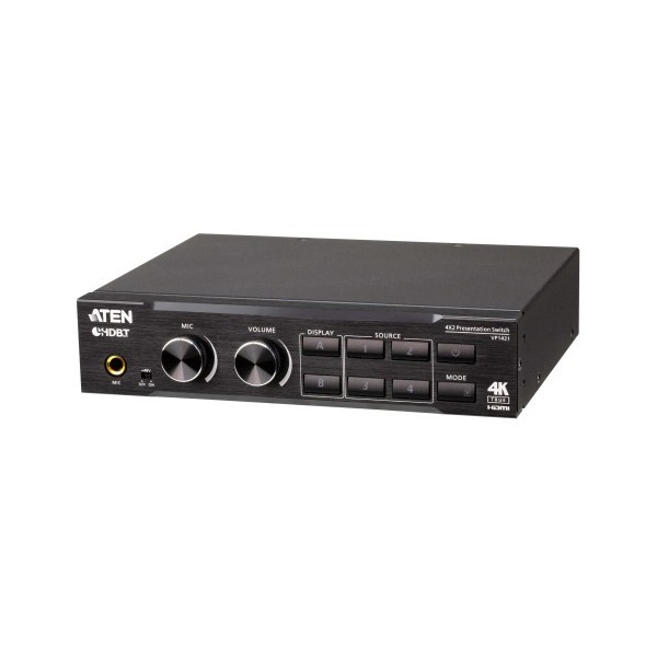 ATEN 1335328 VP1421-AT-G ATEN Switch de presentación True 4K 4 x 2 con escalador de vídeo, DSP y HDBaseT-Lite