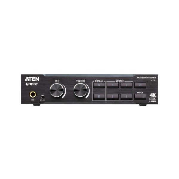 ATEN 1335328 VP1421-AT-G ATEN Switch de presentación True 4K 4 x 2 con escalador de vídeo, DSP y HDBaseT-Lite