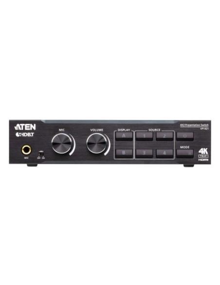 ATEN 1335328 VP1421-AT-G ATEN Switch de presentación True 4K 4 x 2 con escalador de vídeo, DSP y HDBaseT-Lite