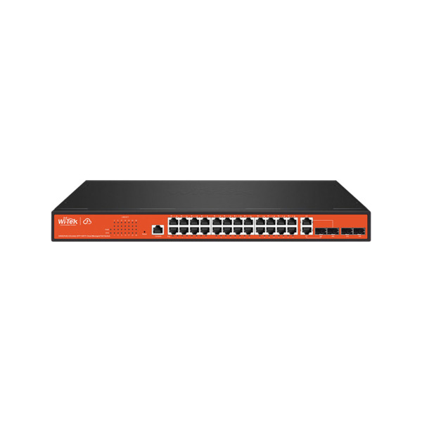 Switch PoE gestionable L2 Wi-Tek de gama comercial. 24 puertos PoE Gigabit. 2 puertos combo Gigabit. 2 puertos SFP Gigabit. 1 pu