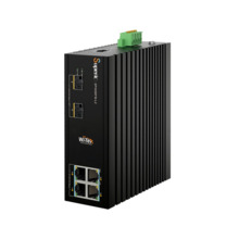 Switch PoE gestionable L2 Wi-Tek de gama industrial. 4 puertos PoE 10/100/1000Mbps. 2 puertos SFP de 1000Mbps. 1 puerto consola.