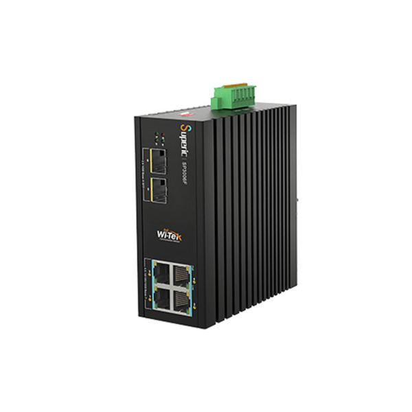 Switch PoE no gestionable Wi-Tek de gama industrial. 4 puertos PoE+ Gigabit. 2 puertos SFP Gigabit. Entrega PoE total de 120W. V