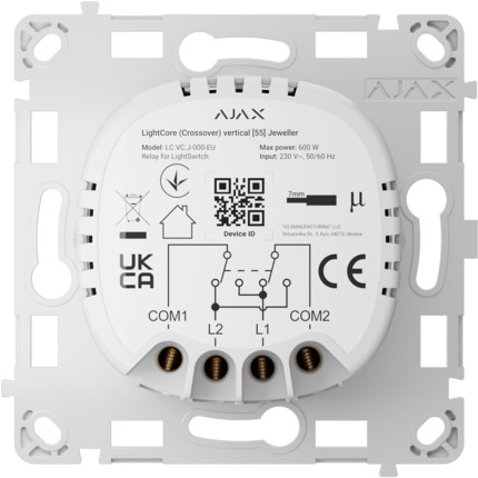 Comprar AJAX AJ-LIGHTCORE-CROSS-VERT Relé para interruptor de luz de cruce vertical - Inalámbrico 868 MHz Jeweller - Alcance de comunicación hasta 1100 m - Alimentación 230 V AC 50 Hz - Sin necesidad de cable neutro - Ajax - LightSwitch LightCore Vertica