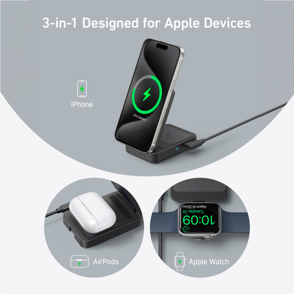 ANKER ANK-2557-3-IN-1-B Cargador inalámbrico 3 en 1 Anker - Tecnología Magsafe - Carga rápida: iPhone, Airpods, Apple Watch - Ca (5)