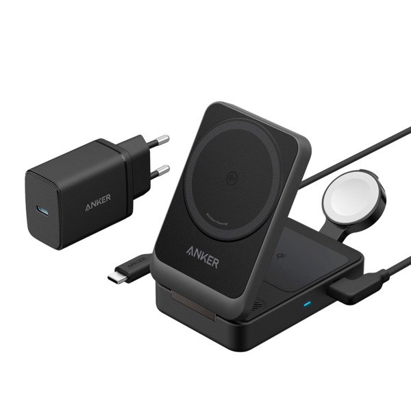 ANKER ANK-2557-3-IN-1-B Cargador inalámbrico 3 en 1 Anker - Tecnología Magsafe - Carga rápida: iPhone, Airpods, Apple Watch - Ca
