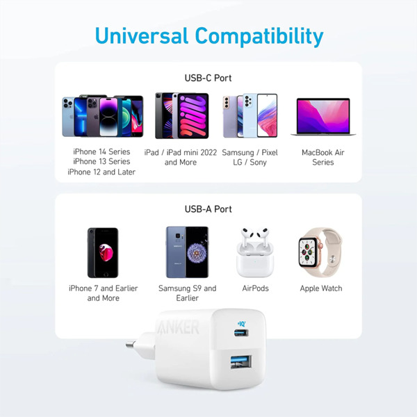 ANKER ANK-323-WCHARGER-33W1A1C-W Anker - Cargador USB - Potencia 33W - Carga rápida  - Salidas USB-C, USB-A - Color blanco (1)