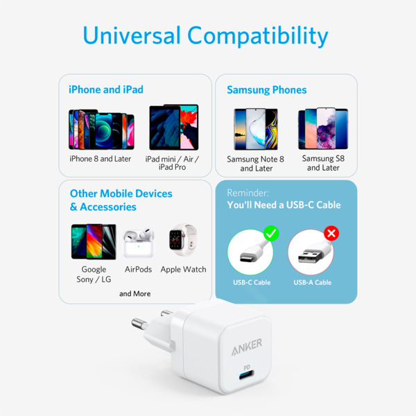ANKER ANK-WCHARGER-POWERPORT3-W Anker - Cargador USB - Potencia 20W - Carga rápida  - Salida USB-C  - Color blanco (1)