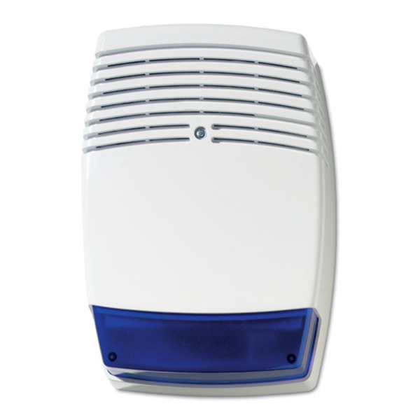 Aritech AS619 Sirena de exterior autoalimentada con protección metálica interna. Color blanco con lente azul. Grado 3