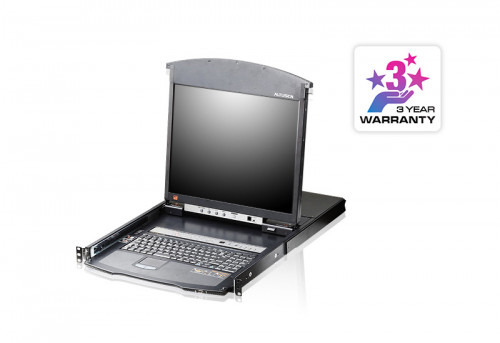 ATEN Consola LCD dual rail con switch KVM por IP integrado multi-interfaz Cat 5 de 8 puertos con acceso compartido desde consola