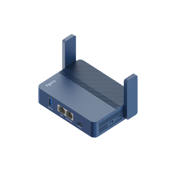 Mini router WiFi 5 Cudy. CPU de doble núcleo a 1,3 GHz. WiFi AX3000 de 2402 Mbps (5 GHz) y 574 Mbps (2,4 GHz). Conectividad por