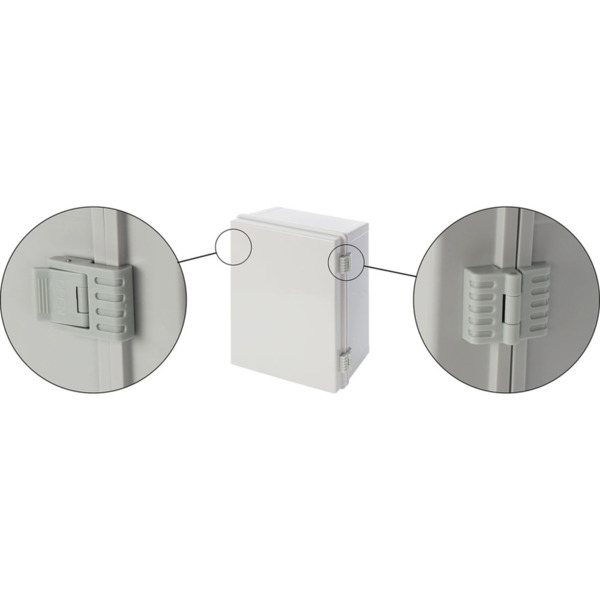 BYSECUR AWB403020 Caja de ABS 400x300x200, impermeable con bisagras plásticas de cierre y placa base (3)