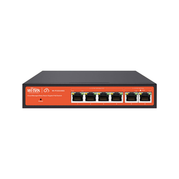 Switch PoE gestionado en la nube. 6 puertos RJ45 Gigabit, 4 de los cuales PoE+. Entrega PoE total de 60W. Soporta gestión Wi-Tek