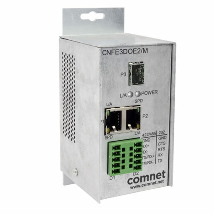 Comprar CNFE3DOE2/M Tx/Rx de 2 canales de datos RS232/RS422/RS485 sobre ethernet. 2 RJ45 + 1 SFP, 100 Mbps. Fuente alimentación no incluida.