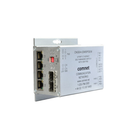Comprar CNGE4+2SMSPOEHO-M Switch industrial auto-gestionable para topologías en anillo de 4 puertos RJ45 PoE+ Gigabit (60W por puerto) + 2 puertos SFP. Fuente no incluida