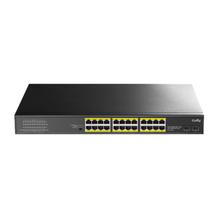 Comprar Cudy CUDY-14 GS1028PS2 24 puertos PoE+ Gigabit. 2 ranuras SFP Gigabit. Soporte PoE IEEE802.3af/at. Entrega PoE de ?30W por puerto y 300W en total. Modos Extend (CCTV hasta 250m), Default y VLAN. Control de flujo: full-duplex IEEE 802.3x, half-dup