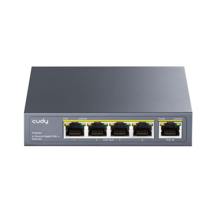 Comprar Cudy CUDY-51 POE40 Extensor Gigabit PoE+ Cudy de 4 canales. Estándares 802.3af (15W), 802.3at (30W) y 802.3bt (60W). 1 entrada PoE Gigabit (60W máx.) a 4 salidas PoE Gigabit (30W máx. por puerto). Extiende la señal PoE a 100 metros adicionales. N