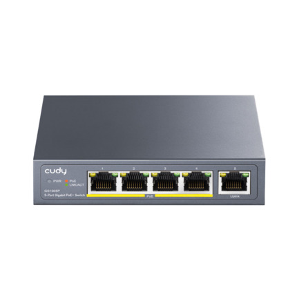 Comprar Cudy CUDY-55 GS1005P Switch PoE+ Cudy de 5 puertos Gigabit. 4 puertos PoE+ Gigabit. 1 puerto RJ45 Gigabit Uplink. Cumple con IEEE802.3, IEEE 802.3u, IEEE 802.3ab, IEEE802.3af, IEEE802.3at. Entrega PoE de 60W. Gran ancho de banda Back-plane de 10G