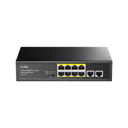 Comprar Cudy CUDY-6 FS1010P 10 puertos RJ45 Fast Ethernet, 8 de ellos con soporte PoE IEEE802.3af/at. Entrega PoE de hasta 32W por puerto y 120W en total. Detección automática de dispositivos PoE / no PoE. Modos CCTV/VLAN, alimentación y datos remotos ha