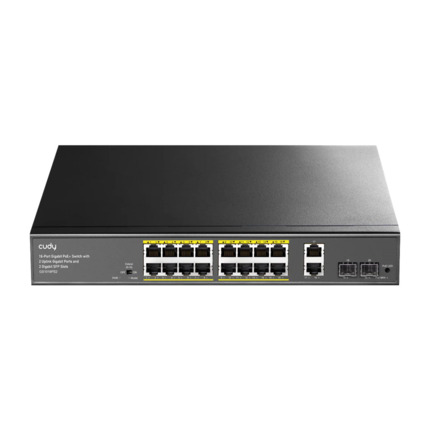 Comprar Cudy CUDY-61 GS1018PS2 16 puertos PoE+ Gigabit. 2 puertos RJ45 Uplink Gigabit. 2 puertos SFP Gigabit. Soporte PoE IEEE802.3af/at. Entrega PoE de ?30W por puerto y 180W en total. Modos Default y Extend. Watchdog en modo Extend