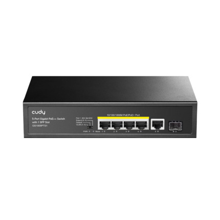 Comprar Cudy CUDY-9 GS1005PTS1 4 puertos PoE+ Gigabit. 1 puerto RJ45 Gigabit auto adaptativo. 1 ranura SFP Gigabit. Soporte PoE IEEE802.3af/at. Entrega PoE de ?60W puerto 1, ?30W puertos 2 a 4 y 120W en total. Modos Extend (CCTV hasta 250m), Default y VL