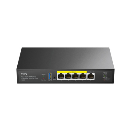 Comprar Cudy CUDY-94 C200P Router y controlador AP con 4 puertos PoE+ Gigabit y alimentación de 60W. Gestiona hasta 200 APs, con funciones Mesh, VPN cliente/servidor y portal cautivo. Gestión en la nube, USB 3.0 y montaje en pared o sobremesa