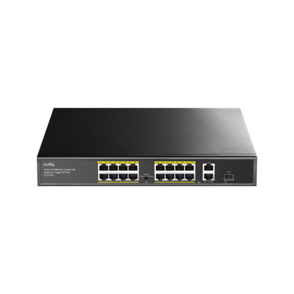 Comprar Cudy CUDY-97 FS1018PS1 Switch PoE+ Cudy. 16 puertos PoE+ 10/100M. 2 puertos uplink Gigabit. 1 ranura SFP Gigabit. Presupuesto PoE de 180W. Modos VLAN y Extender. Montaje en rack 1U.