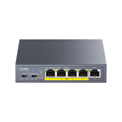 Comprar Cudy CUDY-98 GS105P Switch PoE+ Cudy. 4 puertos PoE+ Gigabit 802.3af/at hasta 30W. 1 puerto uplink Gigabit. Modos VLAN y Extender. Watchdog PoE. Montaje en pared o sobremesa