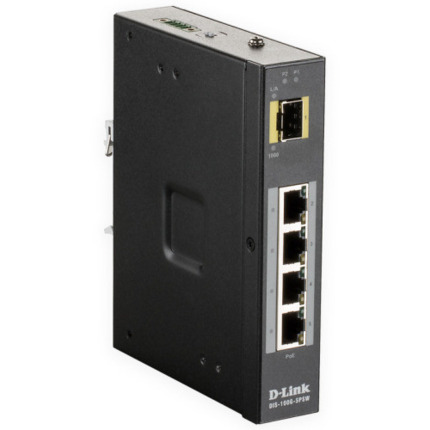 Comprar DIS-100G-5PSW Switch industrial PoE de 4 puertos de cobre 100/1000 + 1 SFP 100/1000. No gestionable. 48Vdc. PoE 120W máx. Fuente de alimentación no incluida.