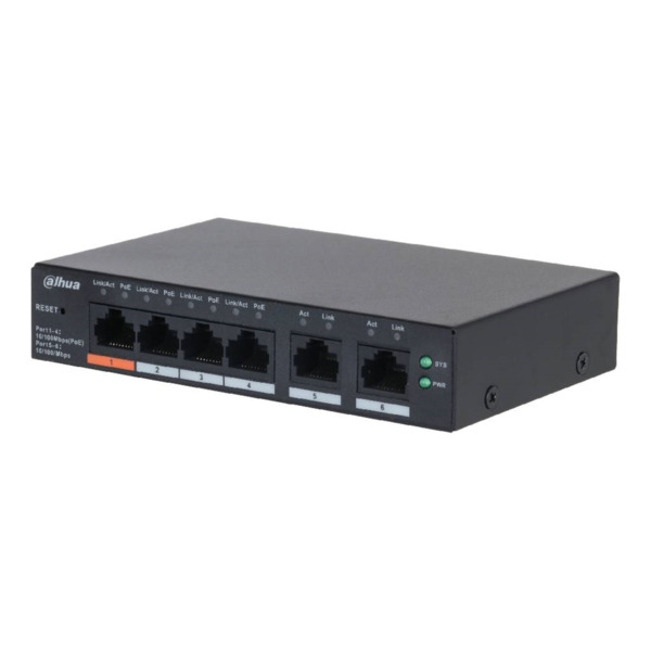 Dahua CS4006-4ET2ET-60 Switch PoE 4 puertos 10/100 + 2RJ45 Uplink 10/100 60W Manejable en Cloud Layer2