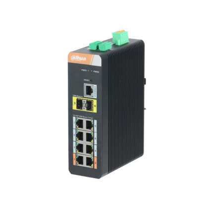Comprar Dahua DAHUA-1942N DH-PFS4210-8GT-DP-V2 Switch Industrial gestionable PoE (L2) de 8 puertos Gigabit + 2 puertos SFP Gigabit (anillo). Lightning-proof 6KV. 48V~57V CC. Rail DIN.